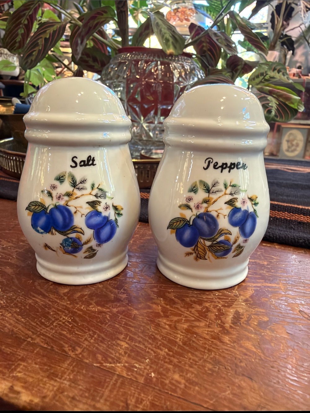 Blue Plum Ceramic Salt and Pepper Shakers - Classic Floral Design (small crack)